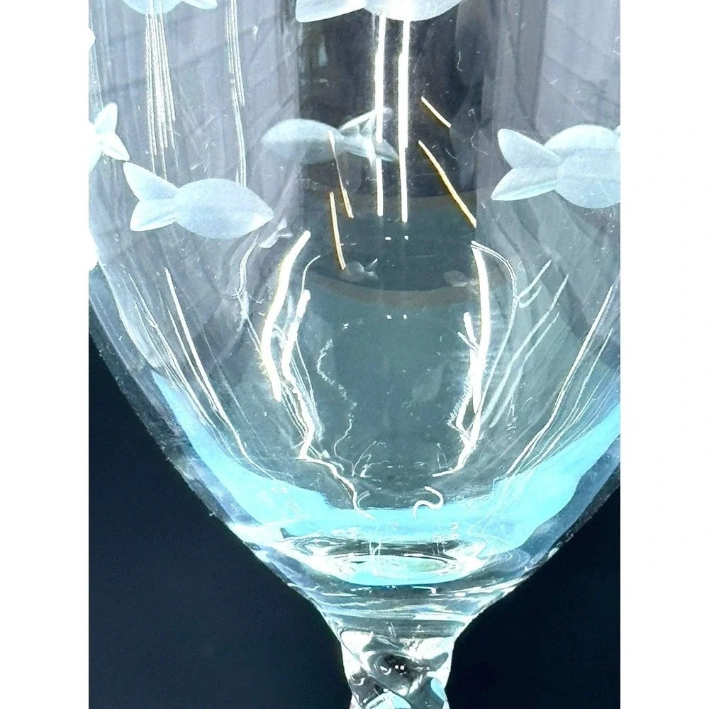 Etched Wine Glass Set Of 2, Cut Out Fish, Signed, RAB 2016, White‎ Wine,